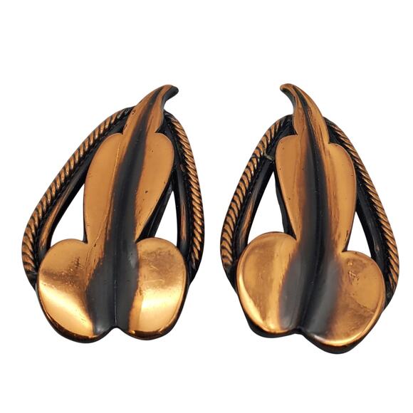Retro Copper Clip On Earrings Matisse Renoir Modernist Large Leaf Ear Climbers - Picture 1 of 7